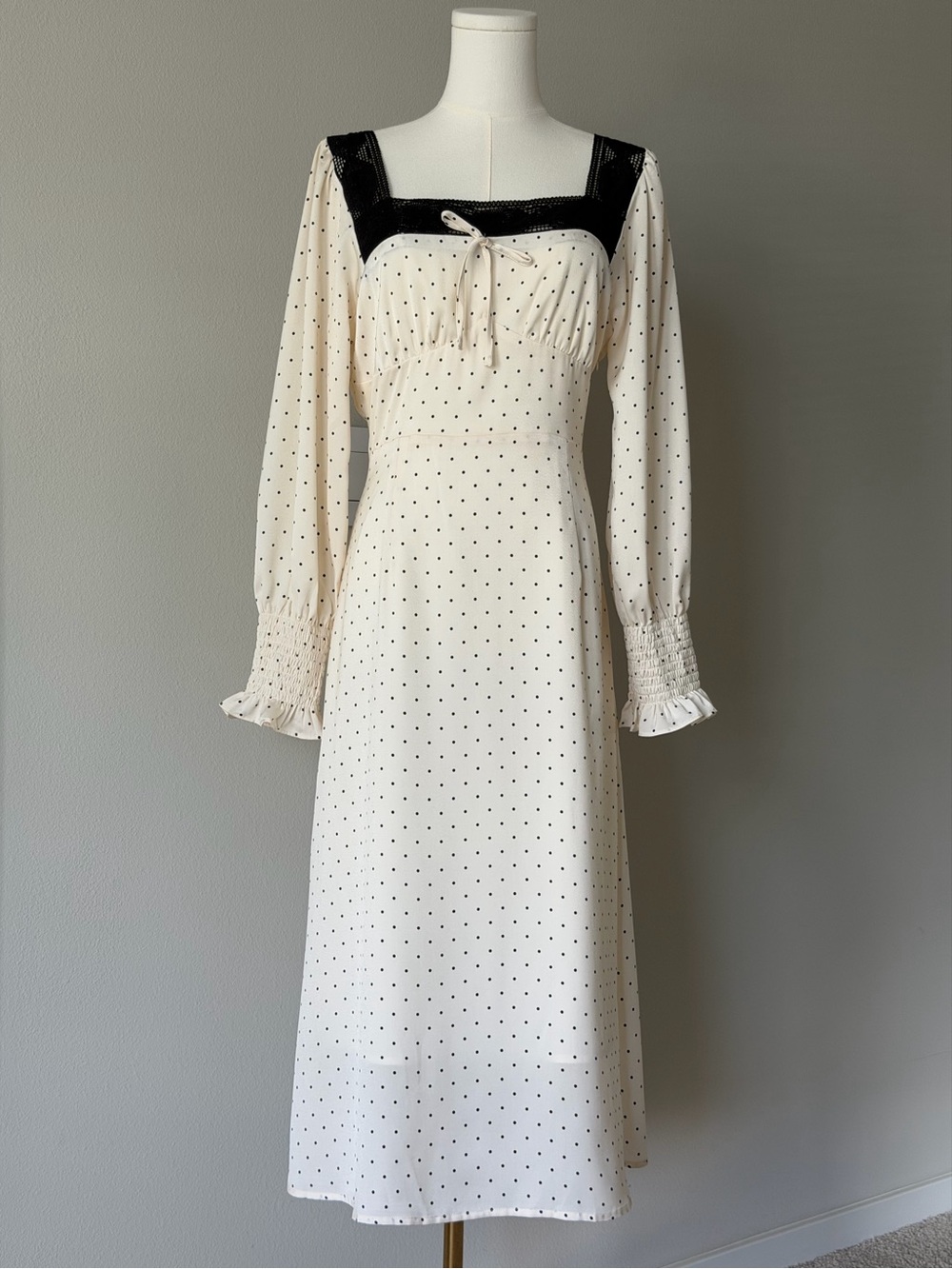 Simple Retro Mazie Long Sleeve Polka Dot Square Neck Midi Dress Lace Trim Cream - Picture 2 of 16